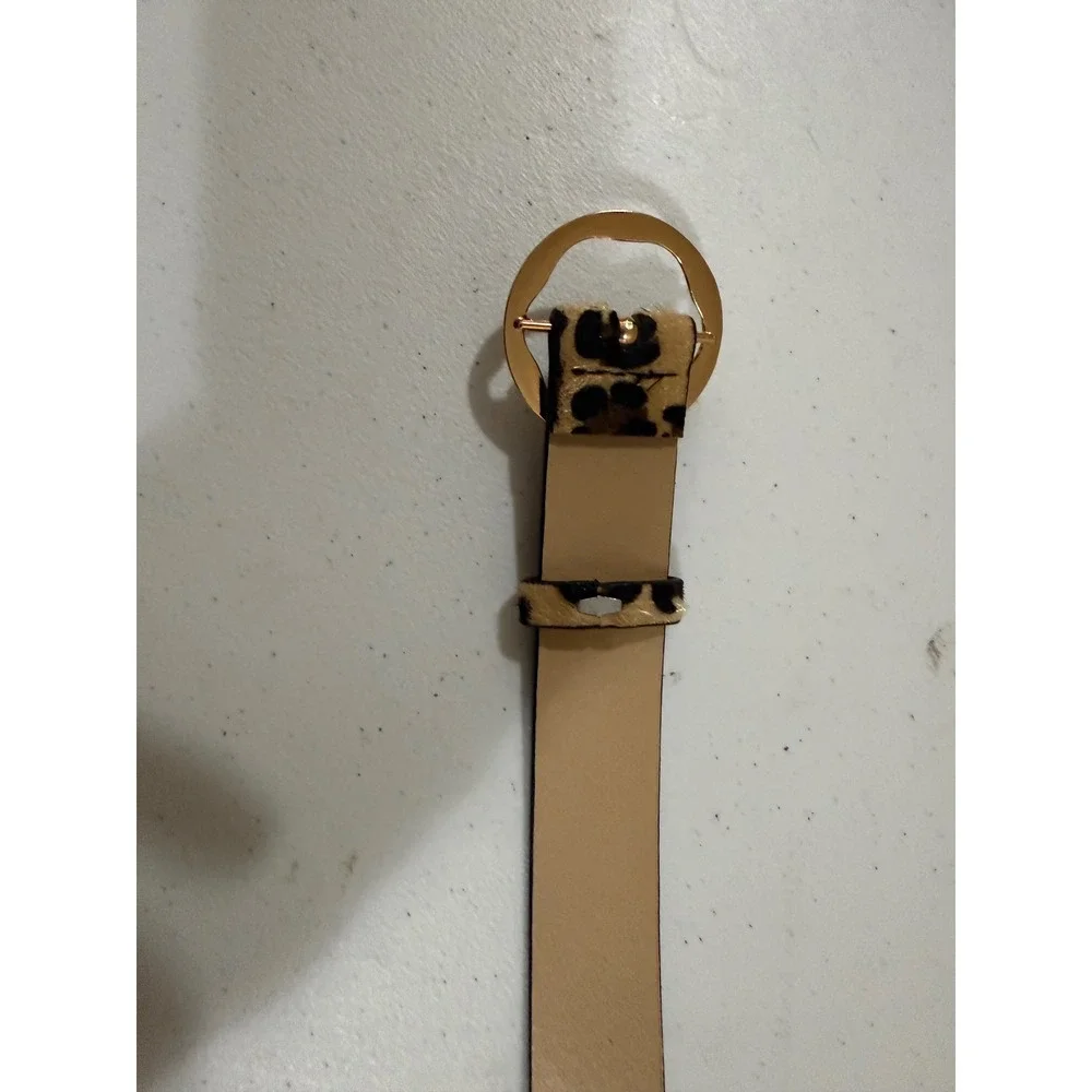 Leopard Print Belt Gold Round Buckle Tan Brown Animal Pattern Calf Hair Style